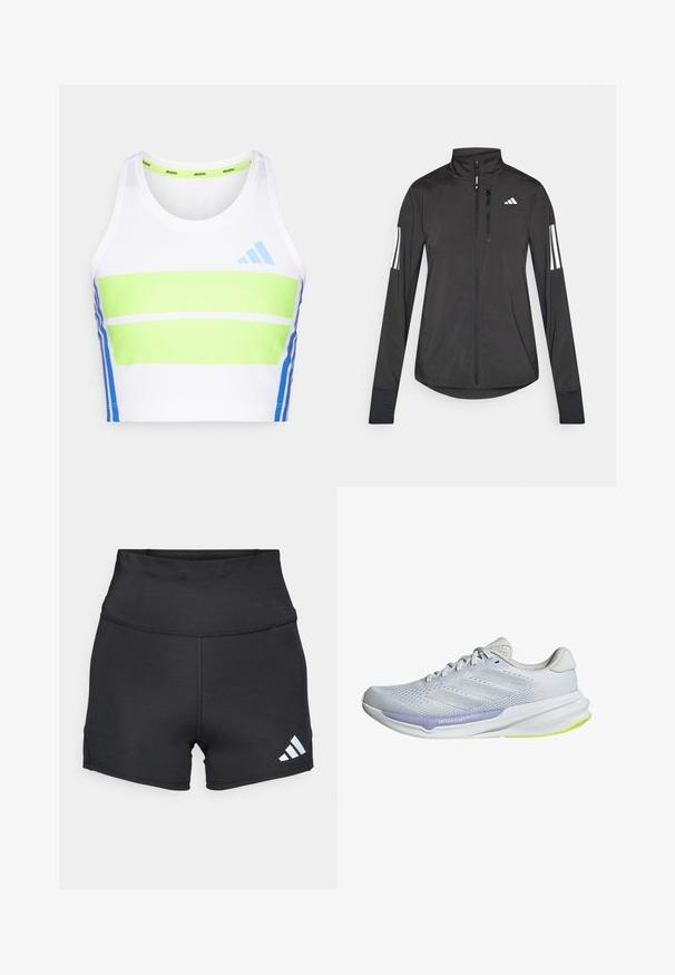 Černá atletická bunda vyrobená z lehkého materiálu. Má přední zip, vysoký límec a tři bílé pruhy na každém rukávu.; Bílý sportovní crop top s zelenými a modrými vodorovnými pruhy. Má kulatý výstřih a modré akcenty po stranách.; adidas Performance Punčochy - black; Bílé sportovní boty s prodyšným síťovaným svrškem, texturovaným designem a levandulovým akcentem. Mají polstrovanou podrážku s detaily v zelené barvě na podrážce.