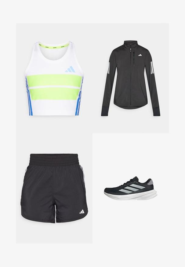 Musta urheilutakki, joka on valmistettu kevyestä materiaalista. Ominaisuuksiin kuuluu etuvetoketju, korkea kaulus ja kolme valkoista raitaa joka hihassa.; Valkoinen urheilullinen crop-top, jossa on vihreät ja siniset vaakasuorat raidat. Omaaa pyöreän kaula-aukon ja siniset yksityiskohdat sivuilla.; Mustat urheilushortsit, joissa on joustava vyötärö, sivutaskut ja valkoiset raidat sivuilla. Valmistettu kevyestä materiaalista.; Musta juoksukenkä, jossa on verkko-osa ylhäällä, kolme hopeista raitaa, valkoinen välipohja ja teksturoitu pohja. Varustettu pehmustetulla nilkkaremmeillä ja nauhakiinnityksellä.