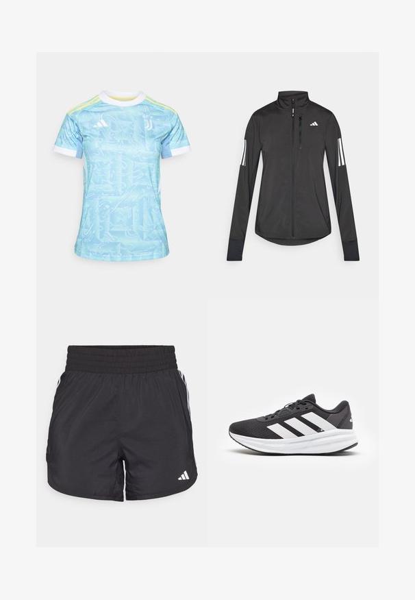 Svart idrottsjacka i lätt material. Har en framzipper, hög krage och tre vita ränder på varje ärm.; Ljusblå sporttröja med ett vågigt mönster, vit krage och gula detaljer. Tillverkad av andningsbart material, designad för sport.; Svarta träningsshorts med elastisk midja, sidfickor och vita randkonturer på sidorna. Tillverkade av lätt material.; Svart sportskor med vita accenter, med ett meshnät ovan, vadderad sula och tre vita ränder på sidan för varumärkets identifiering.