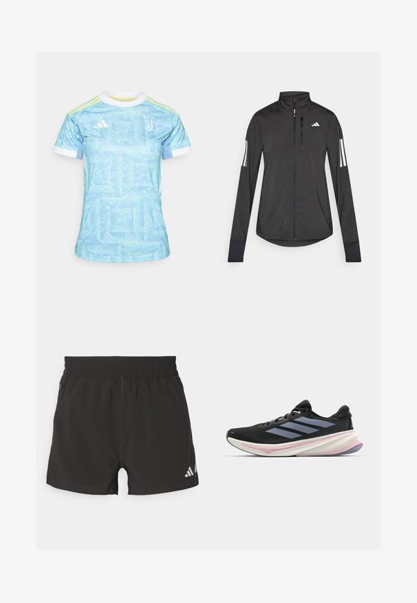 Crni sportski jakna napravljena od laganog materijala. Ima prednji zatvarač, visoki ovratnik i tri bijele pruge na svakoj rukavu.; Svijetloplava atletska majica s uzorkom nalik valu, bijelim ovratnikom i žutim detaljima. Izrađena od prozračnog materijala, dizajnirana za sport.; Crne atletske kratke hlače izrađene od lagane tkanine. Imaju elastičnu traku u struku, bočni džep sa zatvaračem i reflektirajući logo na rubu.; Crne sportske cipele s mrežastim gornjim dijelom, sive pruge, bijelim srednjim đonom s ružičastim akcentima i teksturiranim potplatom.