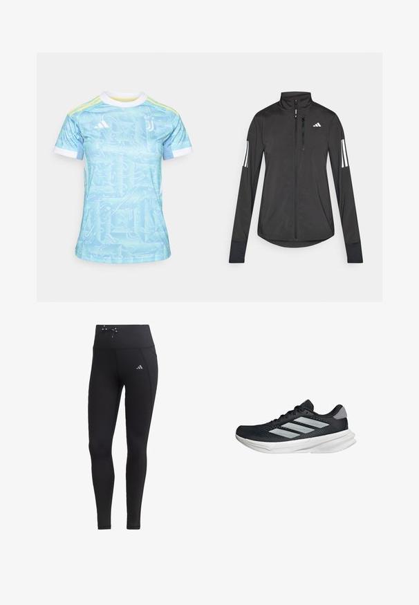 Musta urheilutakki, joka on valmistettu kevyestä materiaalista. Ominaisuuksiin kuuluu etuvetoketju, korkea kaulus ja kolme valkoista raitaa joka hihassa.; Vaaleansininen urheilujuoksupaita, jossa on aaltoileva kuvio, valkoinen kaulus ja keltaisia yksityiskohtia. Valmistettu hengittävästä kankaasta, suunniteltu urheiluun.; Mustat legginsit, joissa on korkea vyötärö, nauhakiinnitys ja sivutaskut. Valmistettu sileästä kankaasta, jossa on heijastava logotunnus.; Musta juoksukenkä, jossa on verkko-osa ylhäällä, kolme hopeista raitaa, valkoinen välipohja ja teksturoitu pohja. Varustettu pehmustetulla nilkkaremmeillä ja nauhakiinnityksellä.