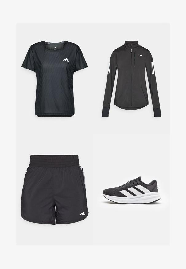Svart treningsjakke laget av lett materiale. Har glidelås foran, høy krage og tre hvite striper på hver erme.; Svart sports t-skjorte med rund hals, korte ermer og teksturert stoff som har et subtilt mønster. Viser en hvit logo foran.; Svarte treningsshorts med elastisk midje, sidelommer og hvite stripeaksenter på sidene. Laget av lett materiale.; Svart sportsko med hvite detaljer, med mesh-overdel, polstret såle og tre hvite striper på siden for merkeidentifikasjon.