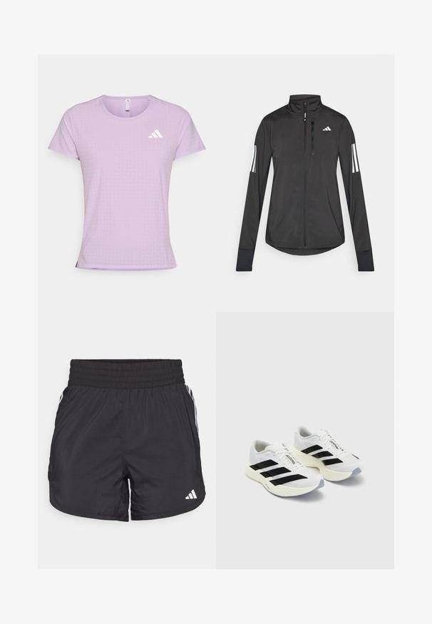 Fekete sportos dzseki könnyű anyagból. Elöl cipzárral, magas gallérral és minden ujjon három fehér csíkkal rendelkezik.; Világoslila sportpóló légáteresztő anyagból, kerek nyakkivágással, rövid ujjakkal és apró perforált részletekkel rendelkezik. Fehér logó díszíti.; Fekete sportnadrág elasztikus derékkal, oldalsó zsebekkel és fehér csíkkal az oldalán. Könnyű anyagból készült.; Fehér sportcipők fekete csíkokkal és logóval, hálós felsőrésszel, kerek orral és vastag krém színű talppal a párnázás érdekében.