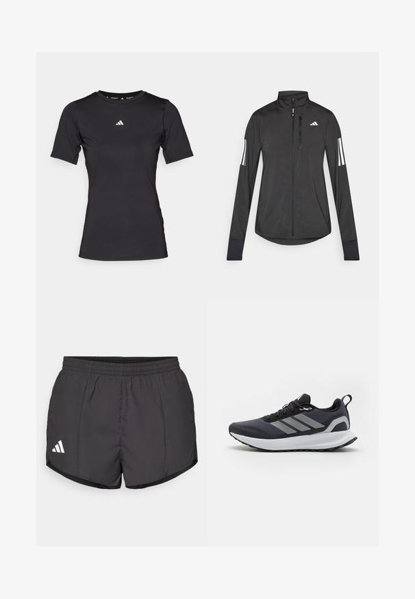 Svart idrottsjacka i lätt material. Har en framzipper, hög krage och tre vita ränder på varje ärm.; Svart kortärmad träningsskjorta i elastisk tyg. Har en rund halsringning och en liten vit logotyp på bröstet.; Svarta idrottsshorts i lätt material, med elastisk midja och en vit Adidas-logotyp på nedre vänstra sidan.; Svart idrottssko med överdel i mesh, vit mellansula, strukturerad gummisula och tre grå ränder på sidan. Har snören och en dragflik.