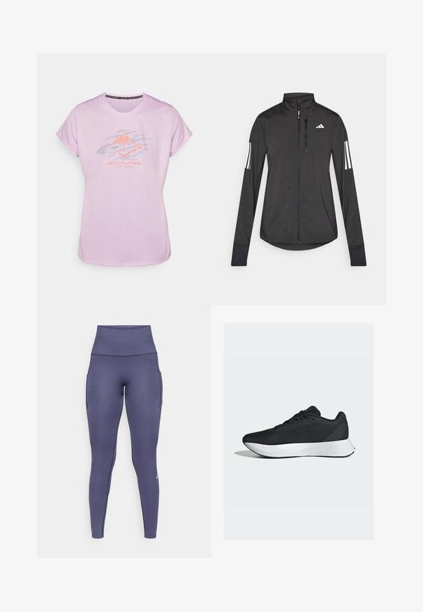 Black athletic jacket made of lightweight material. Features a front zipper, high collar, and three white stripes on each sleeve.; Light pink athletic t-shirt featuring a graphic mountain logo in dark grey and neon orange. Short sleeves, round neckline, smooth texture.; High-waisted, seamless navy blue athletic leggings with side pockets and subtle textured pattern, designed for activewear.; Black athletic shoes with a breathable mesh upper, white midsole, and sleek, curved design; features laces and a sturdy rubber outsole.