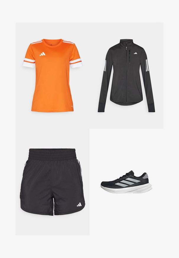 Chaqueta deportiva negra hecha de material ligero. Cuenta con una cremallera frontal, un cuello alto y tres franjas blancas en cada manga.; Camisa deportiva naranja con mangas rayadas en blanco y naranja, fabricada en un tejido suave. Presenta el logo de Adidas en blanco en el pecho.; Pantalones cortos deportivos negros con cintura elástica, bolsillos laterales y detalles de rayas blancas en los lados. Hechos de un material ligero.; Zapatilla de correr negra con parte superior de malla, tres franjas plateadas, media suela blanca y suela texturizada. Incluye un cuello acolchado y cierre de cordones.