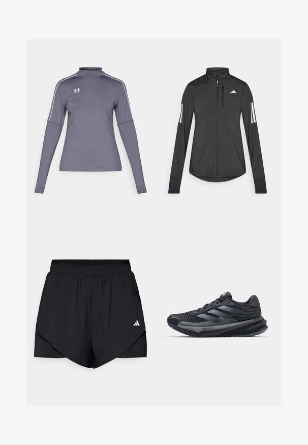 Black athletic jacket made of lightweight material. Features a front zipper, high collar, and three white stripes on each sleeve.; Long-sleeve gray athletic shirt with a mock collar, white accents on the shoulders, and an Under Armour logo on the left chest. Material is smooth.; Black athletic shorts with a layered design, made of lightweight fabric. Features an elastic waistband and a small white logo on the side.; Black athletic shoe with a textured mesh upper, reflective accents, cushioned sole, and a streamlined design. Features three stripe logo.