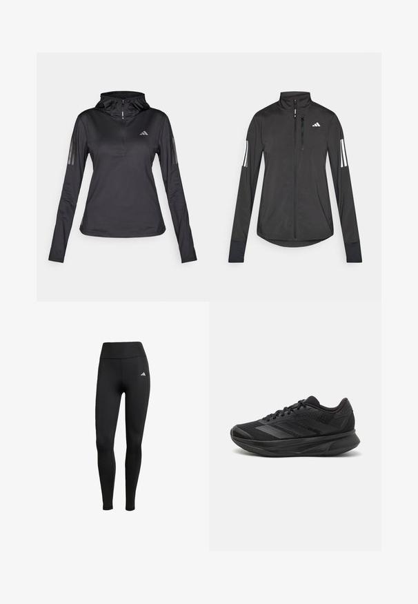 Zwarte sportjack gemaakt van lichtgewicht materiaal. Voorzien van een ritssluiting aan de voorkant, hoge kraag en drie witte strepen op elke mouw.; Zwarte lange mouwen sport hoodie met kwartrits, textuurstof, verstelbare capuchon en reflecterende strepen op de mouwen. Heeft logo op de borst.; Zwarte sportleggings met een hoge tailleband. Gemaakt van rekbare stof met een wit logo detail aan de bovenste linkerkant.; Zwarte hardloopschoen met een ademende mesh bovenkant, ronde neus, slank ontwerp, textuuraccenten en een gevoerde zool voor comfort.
