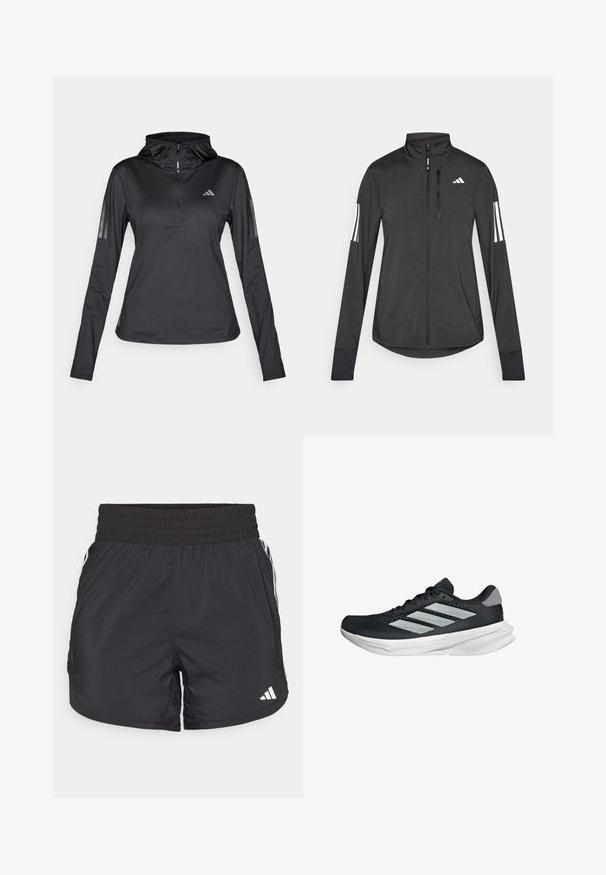 Zwarte sportjack gemaakt van lichtgewicht materiaal. Voorzien van een ritssluiting aan de voorkant, hoge kraag en drie witte strepen op elke mouw.; Zwarte lange mouwen sport hoodie met kwartrits, textuurstof, verstelbare capuchon en reflecterende strepen op de mouwen. Heeft logo op de borst.; Zwarte sportieve shorts met een elastische tailleband, zijzakken en witte streepaccenten aan de zijkanten. Gemaakt van lichtgewicht materiaal.; Zwarte hardloopschoen met een mesh bovenzijde, drie zilveren strepen, witte middenzool en een gestructureerde loopzool. Heeft een gevoerde kraag en een vetersluiting.