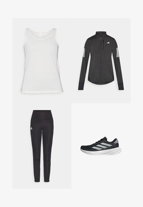 Schwarze Sportjacke aus leichtem Material. Mit einem Frontreißverschluss, hohem Kragen und drei weißen Streifen an jedem Ärmel.; Weißes ärmelloses Tanktop aus weichem Stoff; verfügt über einen runden Ausschnitt und eine reguläre Passform, mit glatter Textur und einem abschließend genähten Saum.; Schwarze hochgeschnittene Leggings aus dehnbarem Stoff. Mit einem weißen Logo auf der linken Seite und einem eleganten, nahtlosen Design. Glatte Textur.; Schwarzer Laufschuh mit Mesh-Obermaterial, drei silbernen Streifen, weißer Zwischensohle und strukturiertem Außensohle. Verfügt über einen gepolsterten Schaft und eine Schnürung.