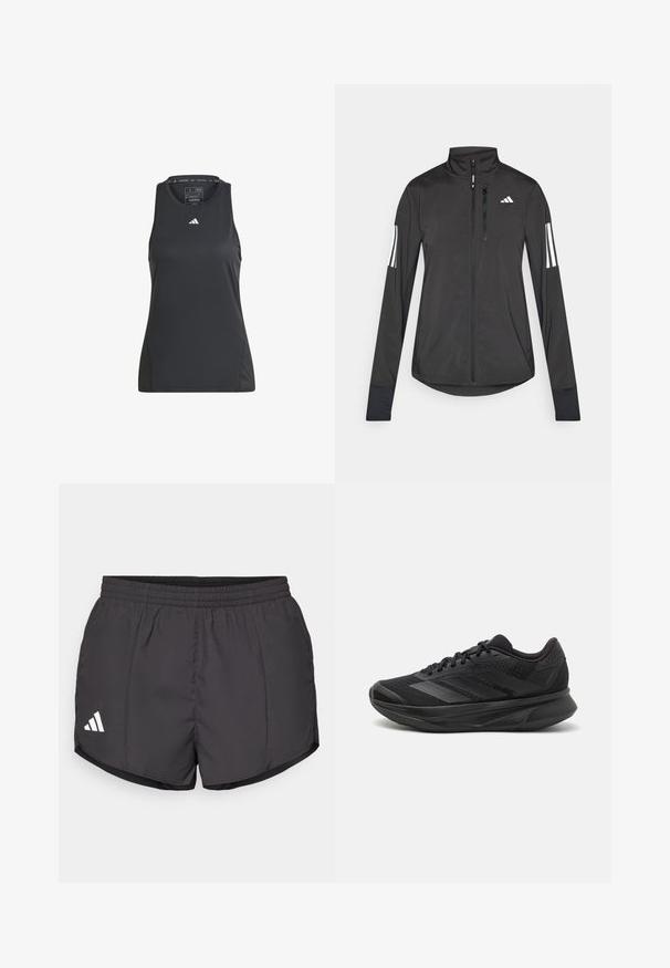 Black athletic jacket made of lightweight material. Features a front zipper, high collar, and three white stripes on each sleeve.; Black athletic tank top made of synthetic material. Features a round neckline and a small white Adidas logo on the chest. Smooth texture.; Black athletic shorts made of lightweight fabric, featuring an elastic waistband and a white Adidas logo on the lower left side.; Black running shoe with a breathable mesh upper, rounded toe, sleek design, textured accents, and a cushioned sole for comfort.