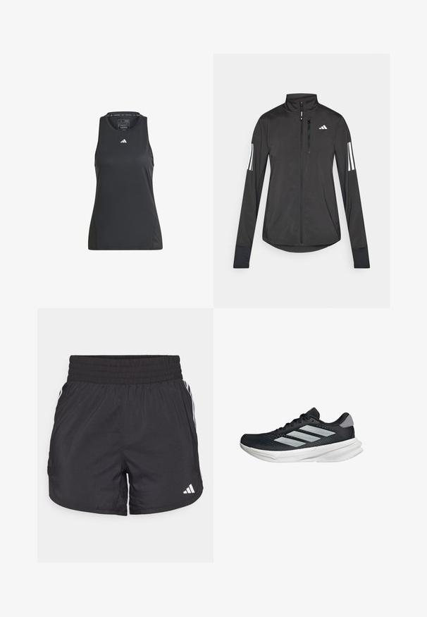 Schwarze Sportjacke aus leichtem Material. Mit einem Frontreißverschluss, hohem Kragen und drei weißen Streifen an jedem Ärmel.; Schwarzes Sporttanktop aus synthetischem Material. Mit einem runden Ausschnitt und einem kleinen weißen Adidas-Logo auf der Brust. Glatte Textur.; Schwarze Sportshorts mit elastischem Bund, seitlichen Taschen und weißen Streifenakzenten an den Seiten. Hergestellt aus leichtem Material.; Schwarzer Laufschuh mit Mesh-Obermaterial, drei silbernen Streifen, weißer Zwischensohle und strukturiertem Außensohle. Verfügt über einen gepolsterten Schaft und eine Schnürung.