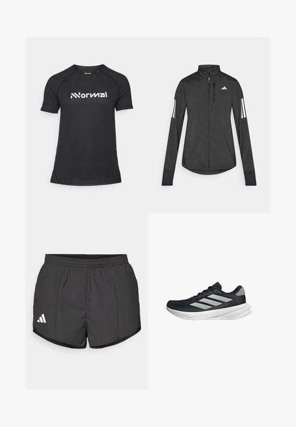 Svart idrottsjacka i lätt material. Har en framzipper, hög krage och tre vita ränder på varje ärm.; Svart kortärmad träningsskjorta i strukturerad tyg med kontrasterande vitt logotryck över bröstet. Rundad halsringning och figurnära design.; Svarta idrottsshorts i lätt material, med elastisk midja och en vit Adidas-logotyp på nedre vänstra sidan.; Svart löparskor med meshtopp, tre silverränder, vit mellansula och strukturerad sula. Har vadderad krage och snörning.