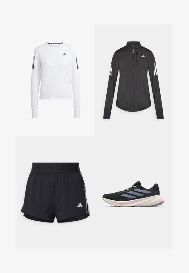 Chaqueta deportiva negra hecha de material ligero. Cuenta con una cremallera frontal, un cuello alto y tres franjas blancas en cada manga.; Camisa atlética de manga larga, blanca con acentos grises. Cuenta con cuello redondo, tejido transpirable y diseño de tres rayas en las mangas.; Pantalones cortos deportivos negros con una cintura elástica, que presentan una banda texturizada, rayas laterales y un logo blanco de Adidas en el dobladillo inferior.; Zapatilla de correr negra con parte superior de malla, acentos en púrpura claro y tres franjas grises horizontales. Cuenta con una suela acolchada para mayor comodidad.