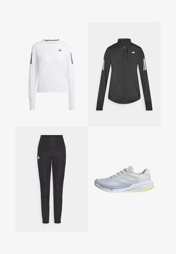 Czarna sportowa kurtka wykonana z lekkiego materiału. Posiada zamek błyskawiczny z przodu, wysoki kołnierz oraz trzy białe paski na każdym rękawie.; Koszulka sportowa z długim rękawem, biała z szarymi akcentami. Posiada okrągły dekolt, oddychający materiał oraz trzy paski na rękawach.; Czarne legginsy o wysokim stanie, wykonane z elastycznej tkaniny. Posiadają białe logo po lewej stronie oraz elegancki, bezszwowy design. Gładka tekstura.; Białe buty sportowe z oddychającą siateczką, teksturowanym wzorem i lawendowym akcentem. Mają miękką podeszwę z zielonymi detalami na podeszwie.