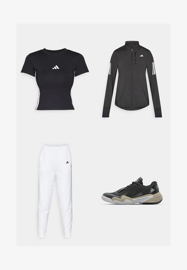 Svart treningsjakke laget av lett materiale. Har glidelås foran, høy krage og tre hvite striper på hver erme.; Svart t-skjorte med tettsittende passform laget av glatt stoff. Har korte ermer og hvitt adidas-logo på brystet. Hvite striper langs sidene.; Hvite treningseffekter med elastisk midje og mansjetter. Har sidelommer og en liten svart logo på venstre lår. jevnt stofffinish.; Sorte og beige sportssko med teksturert overdel, fremtredende såledesign, refleksdetaljer og snøresystem. Lett konstruksjon.