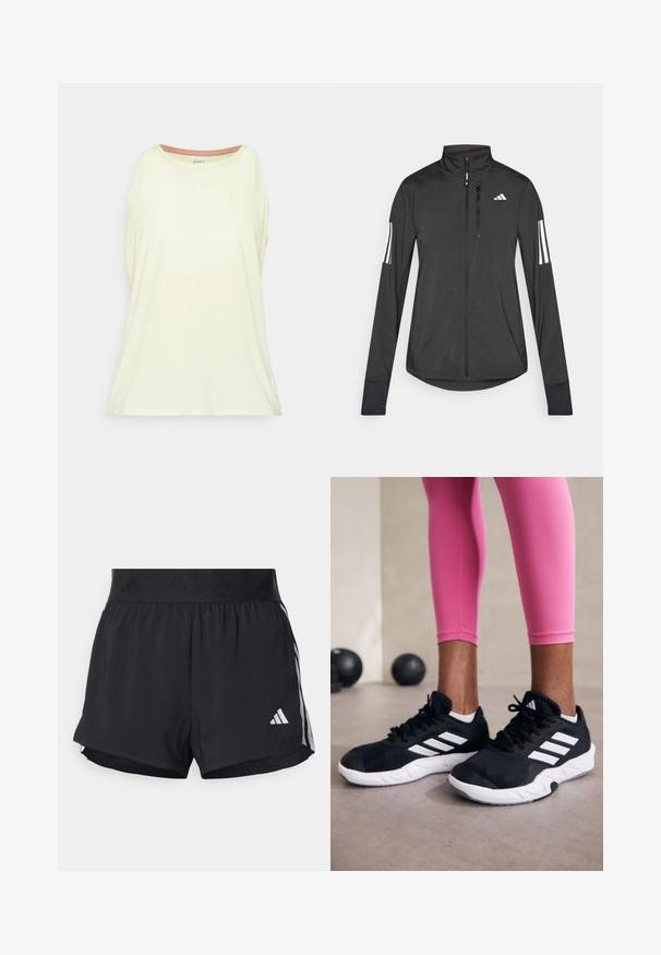 Black athletic jacket made of lightweight material. Features a front zipper, high collar, and three white stripes on each sleeve.; Light yellow sleeveless tank top made of soft fabric. Round neckline with a contrasting inner trim. Relaxed fit with side slits.; Black athletic shorts with an elastic waistband, featuring a textured band, side stripes, and a white Adidas logo on the lower hem.; Black athletic shoes with white stripes, textured mesh upper, and a white sole. Worn with pink leggings, showcasing training apparel.