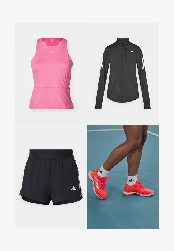 Black athletic jacket made of lightweight material. Features a front zipper, high collar, and three white stripes on each sleeve.; Pink athletic tank top made of smooth, lightweight fabric. Features a round neckline, sleeveless design, and subtle logo on the chest.; Black athletic shorts with an elastic waistband, featuring a textured band, side stripes, and a white Adidas logo on the lower hem.; Bright pink athletic shoes with white accents and laces, featuring a smooth texture and a rubber sole, worn with white Adidas socks.