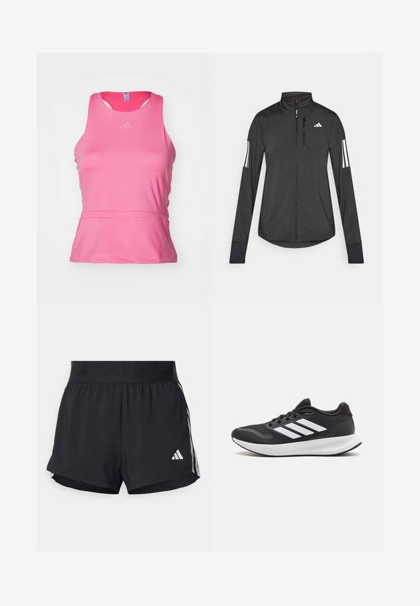 Črna športna jakna iz lahkega materiala. Ima sprednji zadrgo, visok ovratnik in tri bele črte na vsaki rokavi.; Roza atletska majica brez rokavov, izdelana iz gladkega in lahkega materiala. Ima okroglo izrez, brezrokavni dizajn in diskretno dekoracijo na prsih.; Črne atletske kratke hlače z elastičnim pasom, ki vsebuje teksturirano obrobo, stranske črte in belo Adidasovo logotip na spodnjem robu.; Črne atletske čevlje z mrežastim zgornjim delom, okroglo toe in tremi belimi črtami na strani. Lahka podplate z teksturirano gumijasto podplato za oprijem.