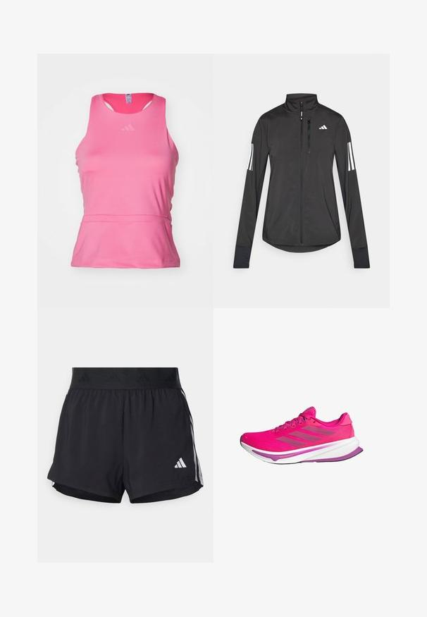 Sort atletisk jakke lavet af let materiale. Har en frontlynlås, høj krave og tre hvide striber på hver ærme.; Pink trænings tanktop lavet af glat, letvægtsstof. Har en rund halsudskæring, ærmeløs design og en diskret logo på brystet.; Sorte sport shorts med elastisk talje, der har et tekstureret bånd, sidestreger og et hvidt Adidas-logo på den nederste kant.; Rosa løbesko med mesh-overdel, en hvid mellemsål og lilla accenter. Tre grå striber på siden og en buet såledesign.