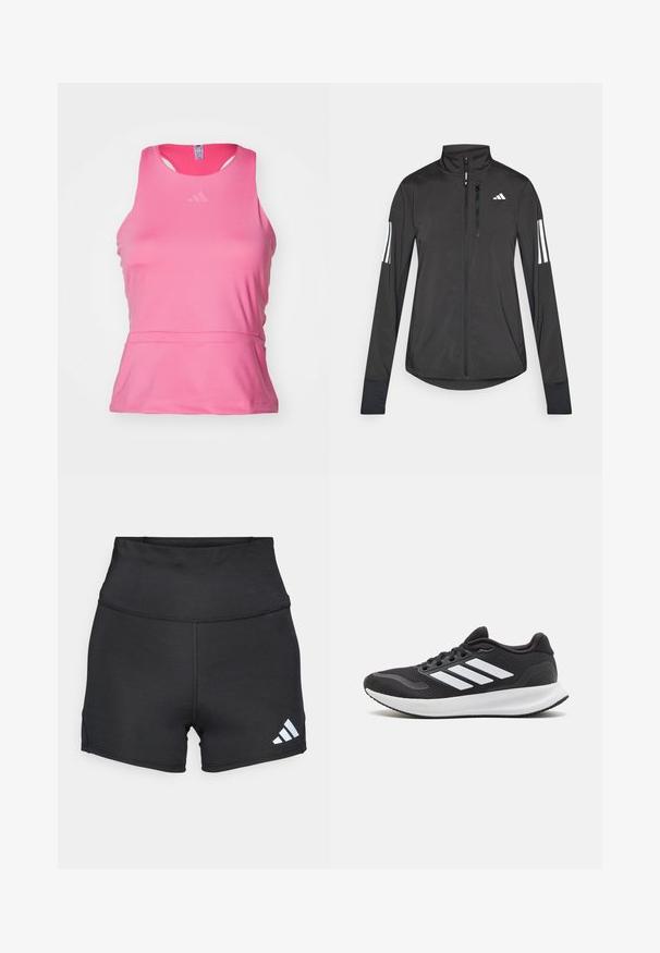 Juodas sportinis švarkas, pagamintas iš lengvos medžiagos. Yra priekinis užtrauktukas, aukšta apykaklė ir trys baltos juostos kiekviename rankovėje.; Rožinė sportinė marškinė be rankovių, pagaminta iš lygaus, lengvo audinio. Didesniame kaklo iškirpime, be rankovių ir su subtiliu logotipu ant krūtinės.; adidas Performance Tamprės - black; Juodas sportinis batelis su tinklo viršumi, apvalia nosimi ir trimis baltomis juostelėmis šone. Lengvas padas su tekstūruotu guminiu padu, užtikrinančiu sukibimą.