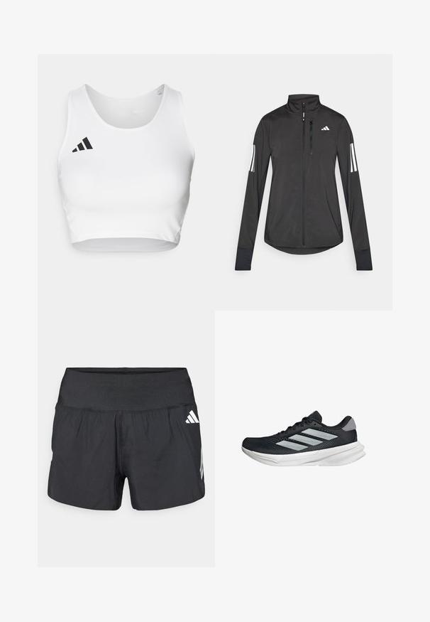 Giacchetto sportivo nero realizzato in materiale leggero. Presenta una chiusura frontale con zip, colletto alto e tre strisce bianche su ciascun manica.; Crop top sportivo bianco realizzato in tessuto morbido, con scollatura rotonda e un logo nero accentato sul lato sinistro.; Pantaloncini sportivi neri con una fascia elastica larga in vita, tessuto leggero e dettagli del logo bianco sul lato inferiore.; Scarpa da corsa nera con tomaia in mesh, tre strisce argentate, intersuola bianca e suola testurizzata. Presenta un colletto imbottito e chiusura con lacci.