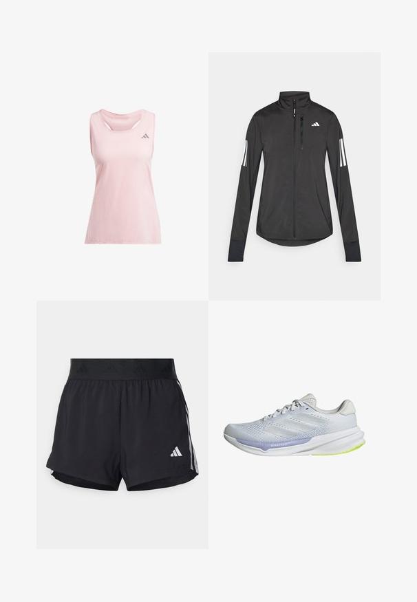 Svart idrottsjacka i lätt material. Har en framzipper, hög krage och tre vita ränder på varje ärm.; adidas Performance ADIZERO TANK - Linne - semi pink spark; Svarta sportshorts med elastisk midja, som har en texturerad rem, sidostråk och en vit Adidas-logotyp på den nedre fållen.; Vita idrottssko med ett andningsbart meshtöverdrag, texturerad design och lavendelaccent. Har en vadderad sula med gröna detaljer på yttersulan.