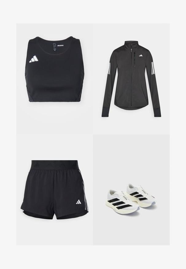 Giacchetto sportivo nero realizzato in materiale leggero. Presenta una chiusura frontale con zip, colletto alto e tre strisce bianche su ciascun manica.; Top corto sportivo nero realizzato in materiale elastico. Presenta un collo rotondo e il logo bianco adidas sul lato sinistro. Texture liscia.; Pantaloni sportivi neri con cintura elasticizzata, dotati di una banda testurizzata, strisce laterali e un logo Adidas bianco sull'orlo inferiore.; Scarpe sportive bianche con strisce e marchio neri, dotate di tomaia in rete, punta arrotondata e suola spessa di color crema per un'ammortizzazione ottimale.