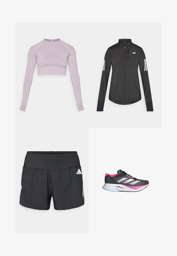 Zwarte sportjack gemaakt van lichtgewicht materiaal. Voorzien van een ritssluiting aan de voorkant, hoge kraag en drie witte strepen op elke mouw.; Lavendelkleurig cropped top met lange mouwen van rekbare stof. Heeft een ronde halslijn en een geribde zoom. Gladde textuur met een aansluitend ontwerp.; Zwarte sportshorts met een brede elastische tailleband, lichtgewicht stof en witte logo-accenten aan de onderkant zijkant.; Hardloopschoen met een grijze mesh bovenkant, roze accenten en witte strepen. Beschikt over een gevoerde zool en een slank, aerodynamisch ontwerp.