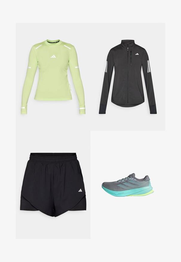 Must mustriga mustrin, millel on esiküljel lukuga, kõrge krae ja igal varrukal kolm valget triipu.; Hele rohelise pikad varrukad sportlik särk, millel on tekstureeritud kangas, peegeldavad detailid varrukatel ja väike valge logo rinnal.; Mustad mustad lühikesed püksid kihilise disainiga, valmistatud kergest kangast. Omavad elastset taljeosa ja väikest valget logo külgedel.; Hallid spordijalatsid, millel on hingav võrgu pealmine osa, tealikatsetega, kolme triibu kujundus ja pehme tallaga, millel on kollaka rohelise värvusega varbaosa.