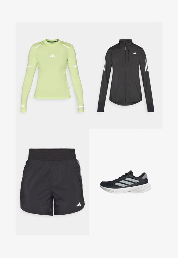 Musta urheilutakki, joka on valmistettu kevyestä materiaalista. Ominaisuuksiin kuuluu etuvetoketju, korkea kaulus ja kolme valkoista raitaa joka hihassa.; Vaaleanvihreä pitkähihainen urheilupaita, jossa on tekstuuripintaa, heijastavat yksityiskohdat hihoissa ja pieni valkoinen logo rinnassa.; Mustat urheilushortsit, joissa on joustava vyötärö, sivutaskut ja valkoiset raidat sivuilla. Valmistettu kevyestä materiaalista.; Musta juoksukenkä, jossa on verkko-osa ylhäällä, kolme hopeista raitaa, valkoinen välipohja ja teksturoitu pohja. Varustettu pehmustetulla nilkkaremmeillä ja nauhakiinnityksellä.