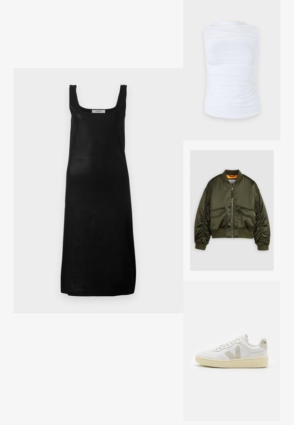 Oliven grønn bomberjakke laget av satengstoff, med glidelås foran, ribbet mansjetter og to frontlommer. Utsmykket med en oransje fôr.; Svart ermeløs kjole med firkantet hals og rett silhuett. Laget av et glatt, lett stoff med et minimalt design.; Hvit ermeløs topp laget av glatt, elastisk stoff med rynkedetaljer langs sidene, med rund halslinning og en tettsittende silhuett.; Hvite lær sneakers med beige semsket detaljer, perforert tåboks, flate lisser og en teksturert kremfarget såle. Har subtil branding på hælen.