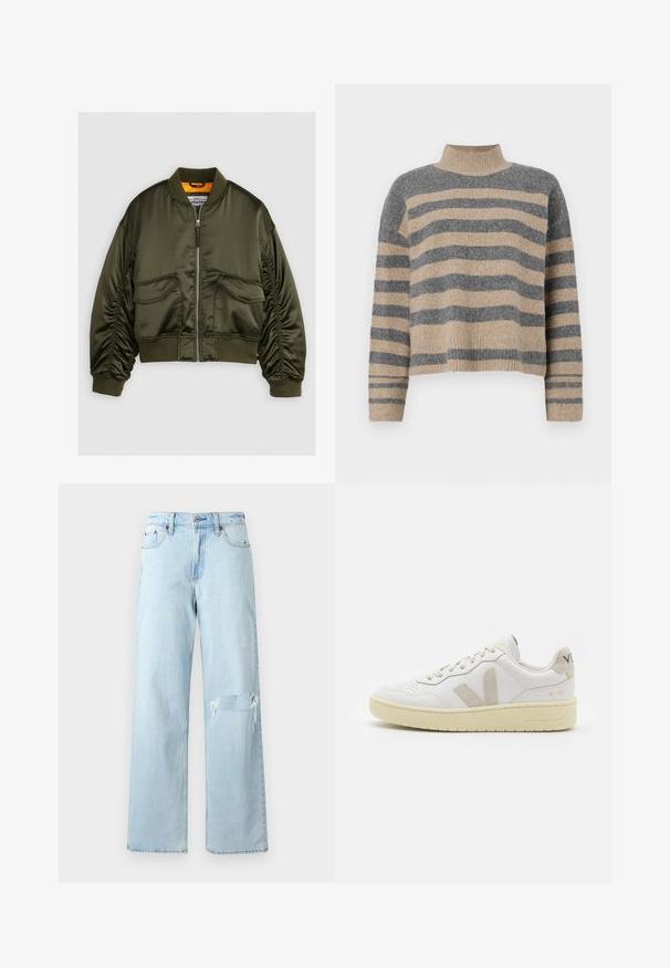 Veste bomber vert olive en satin, avec un zip à l'avant, des poignets côtelés et deux poches avant. Accentuée d'une doublure orange.; Pull en maille rayé aux couleurs grises et beiges, col haut, manches large à poignet, coupe décontractée avec un design court.; Jean en denim bleu clair avec une coupe ample, présentant un genou déchiré et un design classique à cinq poches. Texture lisse, style décontracté.; Baskets blanches en cuir avec des accents en daim beige, boîte à orteils perforée, lacets plats et semelle texturée crème. Présente un logo discret au talon.