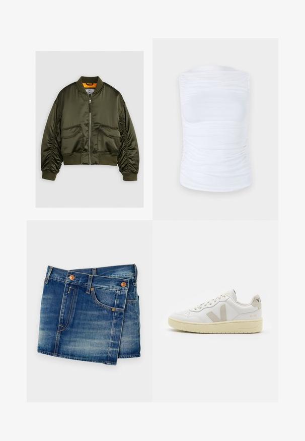 Maslena zmajska jakna iz satena v olivno zeleni barvi, z zadrgo spredaj, rebrastimi manšeti in dvema sprednjima žepoma. Opremljena z oranžno podlogo.; Bela brezrokavna majica iz gladkega, elastičnega materiala z nabiranjem ob straneh, s krožnim izrezom in oprijetim krojem.; Denim kratke hlače v srednji modri barvi z izblideno pranje, opremljene s kromiranimi gumbi, petimi žepi in kontrastnimi šivi.; Bela usnjena tenisača z bež semiš poudarki, perforiranim prednjim delom, ravnimi vezalkami in strukturiranim kremnim podplatom. Ima diskretno blagovno znamko na peti.