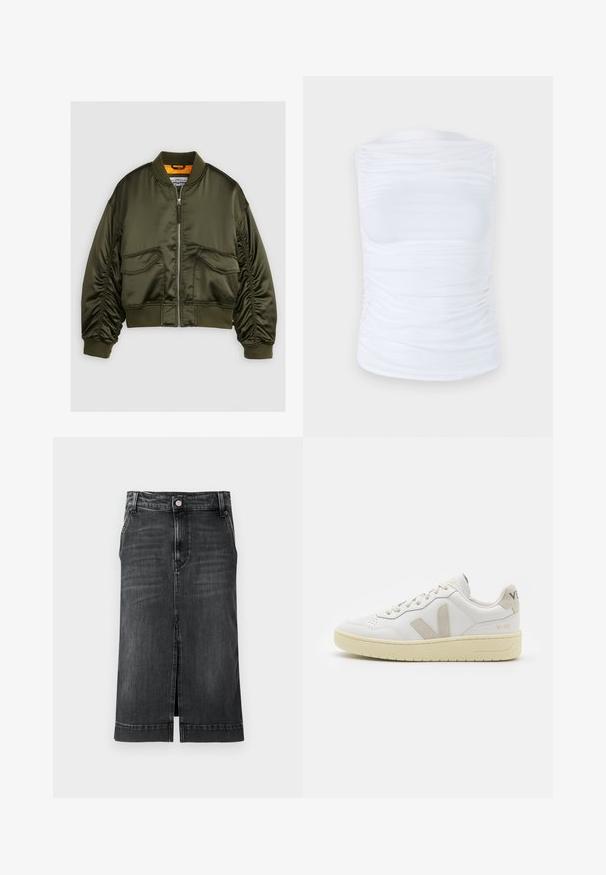 Maslena zmajska jakna iz satena v olivno zeleni barvi, z zadrgo spredaj, rebrastimi manšeti in dvema sprednjima žepoma. Opremljena z oranžno podlogo.; Bela brezrokavna majica iz gladkega, elastičnega materiala z nabiranjem ob straneh, s krožnim izrezom in oprijetim krojem.; Temno modra krila iz džinsa s ravnim krojem, dolžine do kolen, sprednjim razporkom in klasičnim pet-imskim dizajnom. Ima gumbe za zapiranje in zanke za pas.; Bela usnjena tenisača z bež semiš poudarki, perforiranim prednjim delom, ravnimi vezalkami in strukturiranim kremnim podplatom. Ima diskretno blagovno znamko na peti.