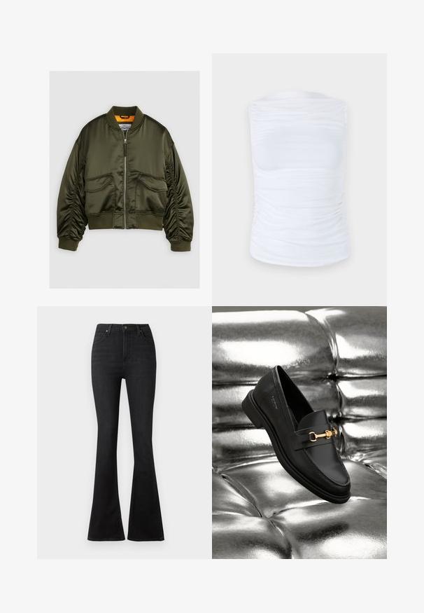 Olivově zelená bomber bunda vyrobená z saténové látky, s předním zipem, žebrovanými rukávy a dvěma předními kapsami. Ozdobena oranžovým podšíváním.; Bílý bezrukávový top vyrobený z hladkého, elastického materiálu s nabranými detaily po stranách, s kulatým výstřihem a těsným střihem.; Černé rozšířené džíny vyrobené z denimu, s vysokým pasem, předními kapsami a klasickým pětikapsovým designem s kovovými knoflíky.; Černé kožené loafery s detaily zlatého kovu. Obuv má elegantní design a hladký, lesklý povrch.