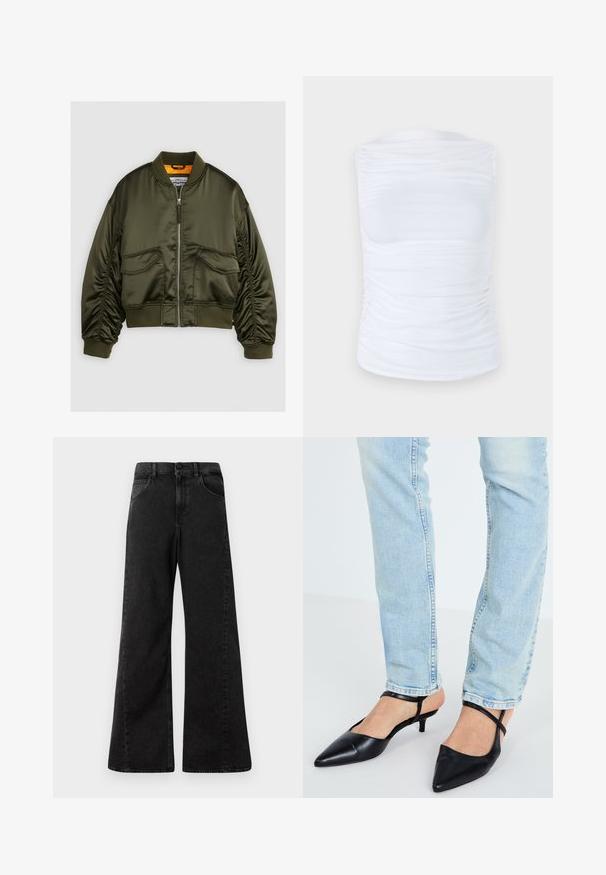 Giacca bomber verde oliva realizzata in tessuto satinato, con chiusura a zip frontale, polsini a coste e due tasche frontali. Accentata da una fodera arancione.; Top bianco senza maniche realizzato in un tessuto morbido ed elastico, con dettagli arricciati lungo i lati, dotato di scollatura rotonda e silhouette aderente.; Jeans in denim nero a vita alta con design a gamba larga, dotati di tasche anteriori e chiusura con bottone in vita.; Décolleté nere in pelle con punta affilata e tacco kitten basso, con cinturino alla caviglia, abbinate a jeans azzurri chiari.