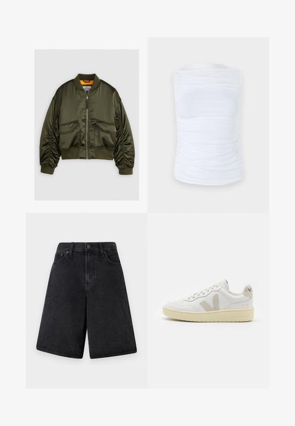 Olīvzaļš bomber jakas uzvalks, kas izgatavots no satīna auduma, ar rāvējslēdzēja pie frontes, ribotām aprocēm un divām priekšējām kabatām. Akcentēts ar apelsīnu odere.; Balta bez piedurknēm tops, kas izgatavots no gludas, elastīgas auduma, ar saplacinātiem elementiem sānos, ar apaļu dekoltē un pieguļošu siluetu.; Melni džinsu šorti ar brīvu griezumu, ar augstu jostasvietu, piecu kabatu dizainu un pogu aizdari priekšā.; Baltas ādas sporta apavu pāris ar bēšiem zamša akcentiem, caurumiņu purngalā, plakanu šņorēšanu un teksturētu krēmkrāsas zoli. Iezīmējas ar diskrētu zīmolu uz papēža.