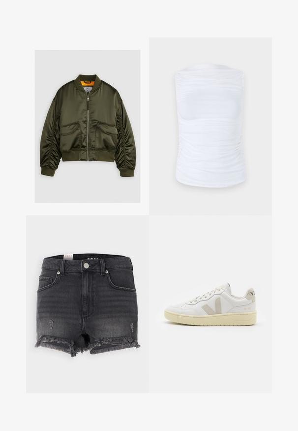 Veste bomber vert olive en satin, avec un zip à l'avant, des poignets côtelés et deux poches avant. Accentuée d'une doublure orange.; Top sans manches blanc en tissu lisse et extensible avec des détails froncés sur les côtés, présentant un col rond et une silhouette cintrée.; Shorts en denim noir avec un ourlet effiloché, des détails usés et un fermoir à bouton métallique. Présente un design classique et un style à cinq poches.; Baskets blanches en cuir avec des accents en daim beige, boîte à orteils perforée, lacets plats et semelle texturée crème. Présente un logo discret au talon.