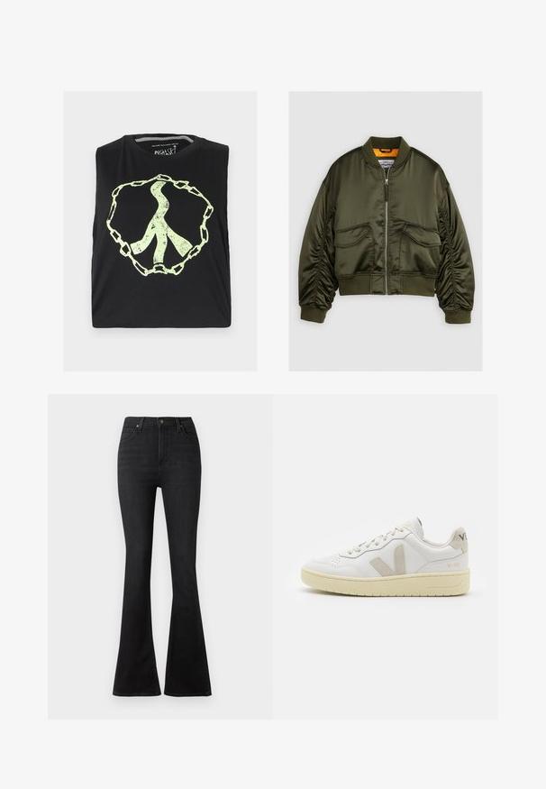 Olivenbrun bomberjakke lavet af satin stof, med en lynlåslukning foran, ribbede manchetter og to forlommer. Fremhævet med en orange foring.; Sort ærmeløs skjorte med et stort, falmet, lysgrønt fredssymbol indkapslet i et kædedesign. Fremstillet af blødt bomuldsstof.; Sorte flare jeans lavet af denim, med høj talje, forlommer og et klassisk fem-lomme design med metal knap hardware.; Hvide lærreds sneakers med beige ruskindsdetaljer, perforeret tåboks, flade snørebånd og en struktureret cremefarvet sål. Har diskret branding på hælen.