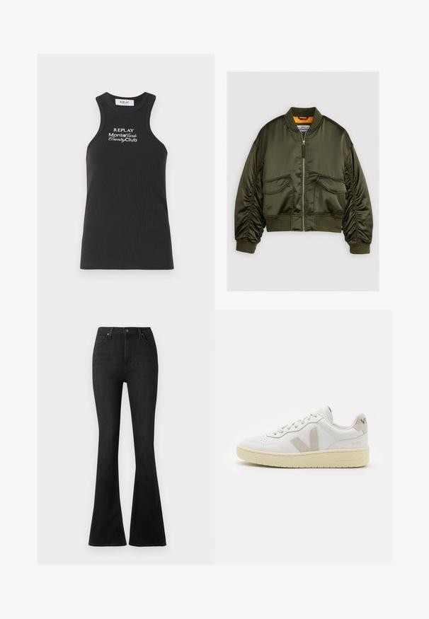 Olíva zöld bomberdzseki selyem anyagból, cipzáras elülső részével, bordázott mandzsettáival és két első zsebével. Narancssárga béléssel kiemelve.; Fekete bordázott ujjatlan felső magas nyakkivágással és versenyhát kialakítással. Fehér hímzett felirat: "REPLAY MonteCarlo CountryClub."; Fekete, trapéz fazonú farmernadrág, magas derékkal, elülső zsebekkel és klasszikus, öt zsebes kialakítással, fémből készült gombokkal.; Fehér bőr sneaker bézs velúr részletekkel, perforált orr résszel, lapos fűzőkkel és textúrált krémszínű talppal. Finom márkajelzés található a sarkán.
