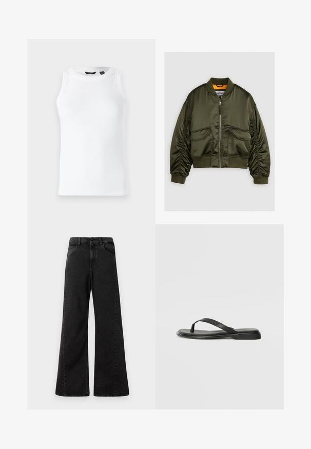 Olivegrün bomberjacke aus satin, mit einem reißverschluss vorne, gerippten bündchen und zwei fronttaschen. Mit einem orangefarbenen innenfutter akzentuiert.; Weißes, geripptes Tanktop mit rundem Halsausschnitt und ärmellosem Design. Glatte Textur und keine sichtbaren Verzierungen oder Hardware.; Hochtaillierte schwarze Jeans aus Denim mit weitem Bein, ausgestattet mit Fronttaschen und einem Knopfverschluss an der Taille.; Schwarze Flip-Flops aus glattem Leder, mit einem dünnen Riemendesign und einer flachen Sohle mit minimalem Profil. Keine bemerkenswerten Muster oder Akzente.