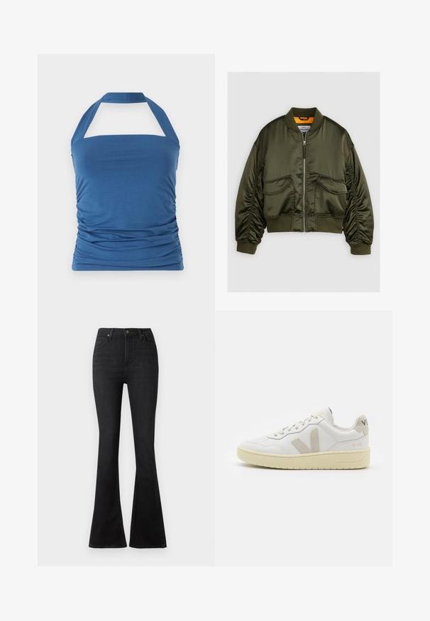 Olivovo zelená bomber bunda vyrobená z saténovej tkaniny, so zipsom na prednej strane, so žebrovanými manžetami a dvoma prednými vreckami. Doplnková s oranžovou podšívkou.; Modrý top s halter strihom a rovnými výstrihom, s nazhromaždenými detailmi na bokoch a širokými ramienkami. Vyrobený z jemného, hladkého materiálu.; Čierne rozšírené džínsy z denimu, s vysokým pásom, prednými vreckami a klasickým dizajnom piatich vreciek s kovovými gombíkmi.; Biele kožené tenisky s béžovými semišovými akcentmi, perforovanou špičkou, plochými šnúrkami a textúrovanou krémovou podrážkou. Obsahujú jemné označenie na päte.