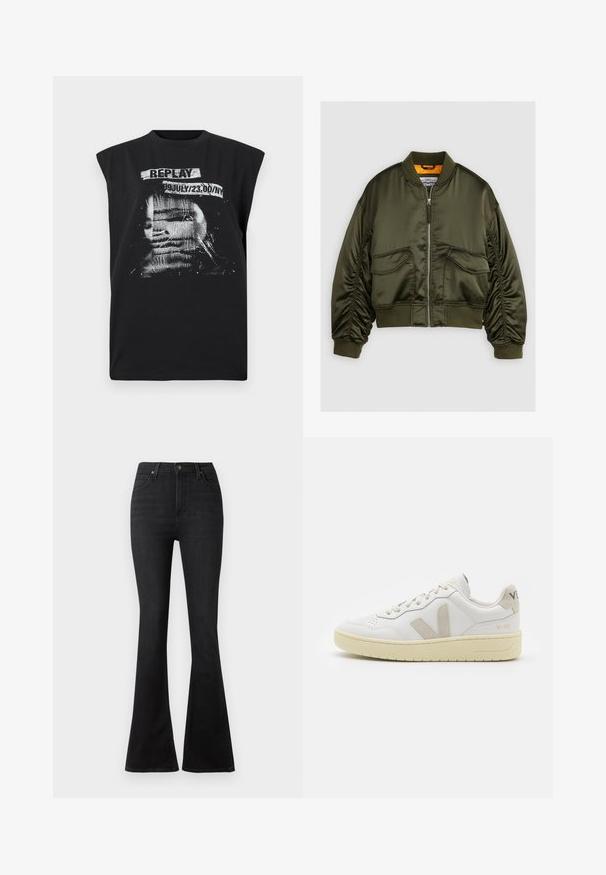 Olive green bomber jacket made from satin fabric, featuring a zip-up front, ribbed cuffs, and two front pockets. Accented with an orange lining.; Replay Top - blackboard; Black flared jeans made of denim, featuring a high waist, front pockets, and a classic five-pocket design with metal button hardware.; White leather sneaker with beige suede accents, perforated toe box, flat laces, and a textured cream sole. Features subtle branding on heel.