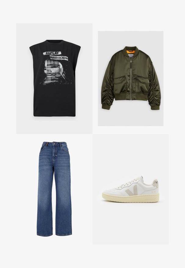 Maslena zmajska jakna iz satena v olivno zeleni barvi, z zadrgo spredaj, rebrastimi manšeti in dvema sprednjima žepoma. Opremljena z oranžno podlogo.; Replay Top - blackboard; Široke denim hlače iz srednje težkega modrega bombažnega materiala. Imajo klasično zasnovo s petimi žepi ter zadrgo in gumbom za zapiranje.; Bela usnjena tenisača z bež semiš poudarki, perforiranim prednjim delom, ravnimi vezalkami in strukturiranim kremnim podplatom. Ima diskretno blagovno znamko na peti.