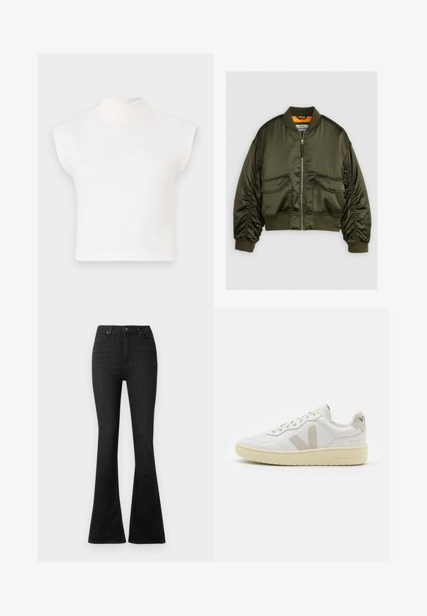 Oliven grønn bomberjakke laget av satengstoff, med glidelås foran, ribbet mansjetter og to frontlommer. Utsmykket med en oransje fôr.; Hvit cropped topp med høy mock neck og brede, vinklete ermer. Laget av glatt stoff, uten synlige mønstre eller utsmykninger.; Svart utsvängde jeans laget av denim, med høy midje, frontlommer og et klassisk fem-lommers design med metalldetaljer.; Hvite lær sneakers med beige semsket detaljer, perforert tåboks, flate lisser og en teksturert kremfarget såle. Har subtil branding på hælen.