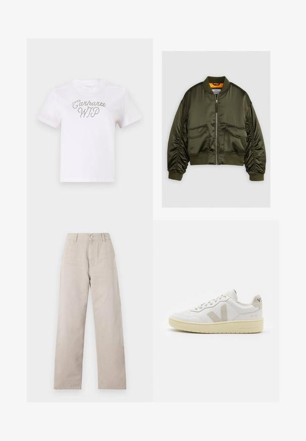 Olivově zelená bomber bunda vyrobená z saténové látky, s předním zipem, žebrovanými rukávy a dvěma předními kapsami. Ozdobena oranžovým podšíváním.; Bílé bavlněné tričko s krátkým rukávem a kulatým výstřihem, s dekorativním potiskem textu v vlnitém, světle šedém designu.; Beige rovné kalhoty vyrobené z hladkého bavlněného materiálu. Mají zapínání na knoflík, poutka na opasek a boční kapsy. Jednoduchý, čistý design.; Bílé kožené tenisky s béžovými semišovými akcenty, perforovanou špičkou, plochými tkaničkami a strukturovanou krémovou podešví. Obsahují jemné logo na patě.