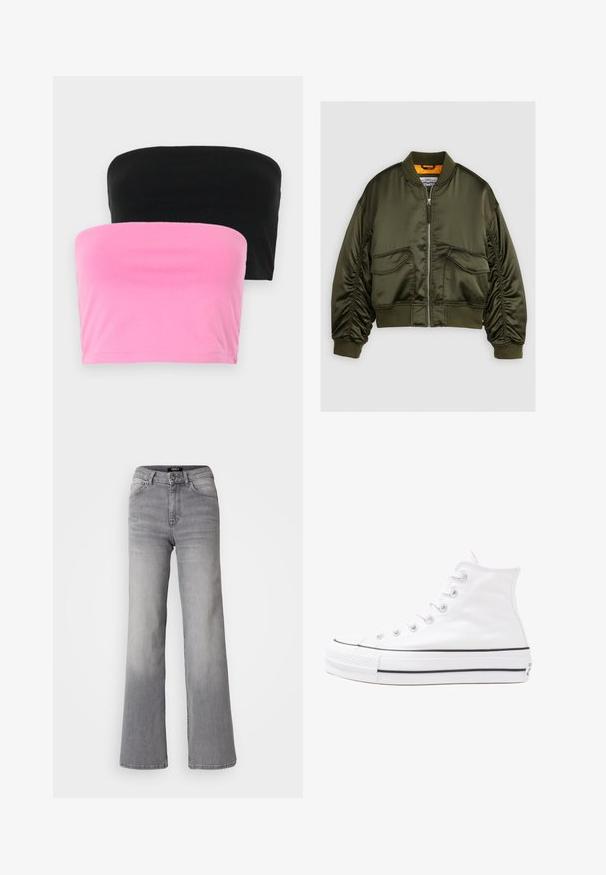 Oliivinvihreä bomber-takki, joka on valmistettu satiinikankaasta. Takissa on vetoketjukiinnitys, ribbireunat ja kaksi etutaskua. Takki on korostettu oranssilla vuorilla.; Kaksi olkaimetonta toppia mustana ja vaaleanpunaisena. Valmistettu sileästä puuvillasta, yksinkertaisella suunnittelulla, joustavalla istuvuudella ja ilman sulkijoita.; Vaaleanharmaat korkeavyötäröiset suorat farkut etupainikkeella ja vetoketjulla, etu- ja takataskuilla, sekä haalistuneet varjostukset reisissä ja pohkeissa.; Valkoiset korkeavartiset kangaskengät mustalla kumipohjalla, edessä kuminen varvasosa ja kuusi nauha-aukkoa, puhtaan minimalistisella muotoilulla.