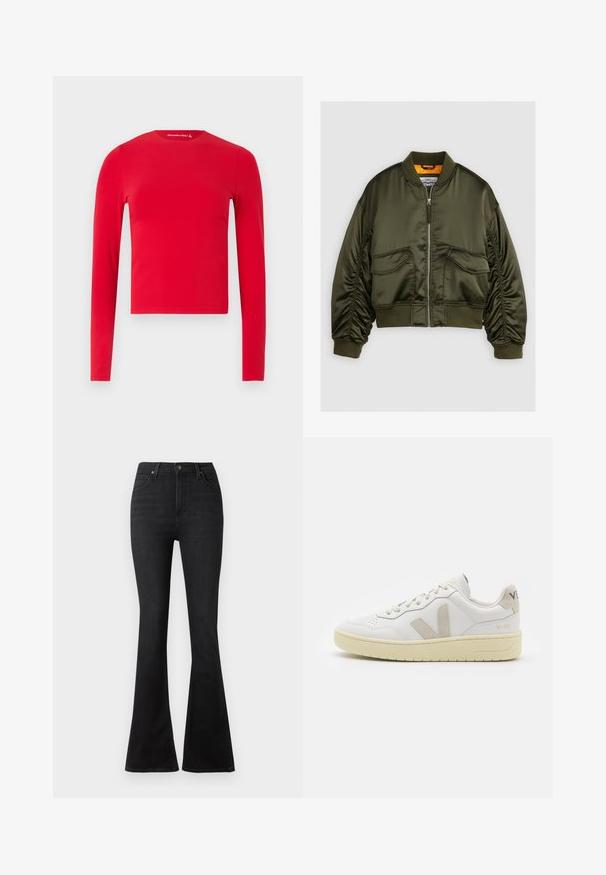 Casaco bomber verde-oliva feito de tecido de cetim, com fecho de correr na frente, punhos canelados e dois bolsos frontais. Acentuado com um forro laranja.; Top cropped justo de manga comprida vermelha com decote redondo, textura lisa, exibido contra um fundo claro simples.; Calças de ganga pretas com corte largo, apresentando uma cintura alta, bolsos frontais e um design clássico de cinco bolsos com fecho de botão de metal.; Sapatilha de couro branca com detalhes em camurça bege, biqueira perfurada, atacadores planos e sola texturizada creme. Apresenta uma marcação subtil no calcanhar.