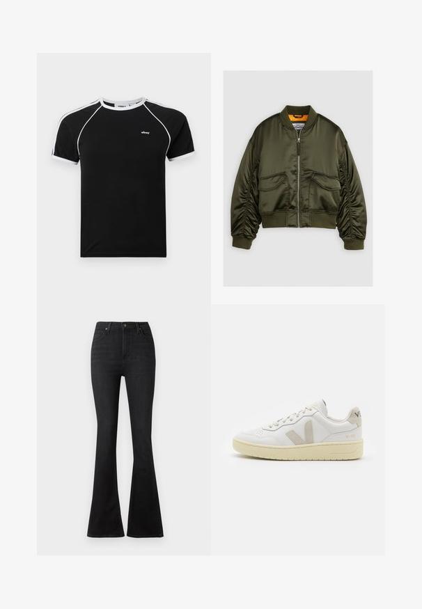 Olīvzaļš bomber jakas uzvalks, kas izgatavots no satīna auduma, ar rāvējslēdzēja pie frontes, ribotām aprocēm un divām priekšējām kabatām. Akcentēts ar apelsīnu odere.; Melna T-kreklu ar baltām akcents, ar aploksni ap kaklu, īsiem raglanu piedurknēm un mazu logo uz krūtīm. Izgatavots no mīksta auduma.; Melnas platu kāju džinsas, izgatavotas no denima, ar augstu jostu, priekšējām kabatām un klasisku piecu kabatu dizainu ar metāla pogām.; Baltas ādas sporta apavu pāris ar bēšiem zamša akcentiem, caurumiņu purngalā, plakanu šņorēšanu un teksturētu krēmkrāsas zoli. Iezīmējas ar diskrētu zīmolu uz papēža.